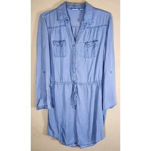 CATO Shirt Dress Womens Small Light Blue‎ Chambray Roll Tab Sleeve Pockets Flowy